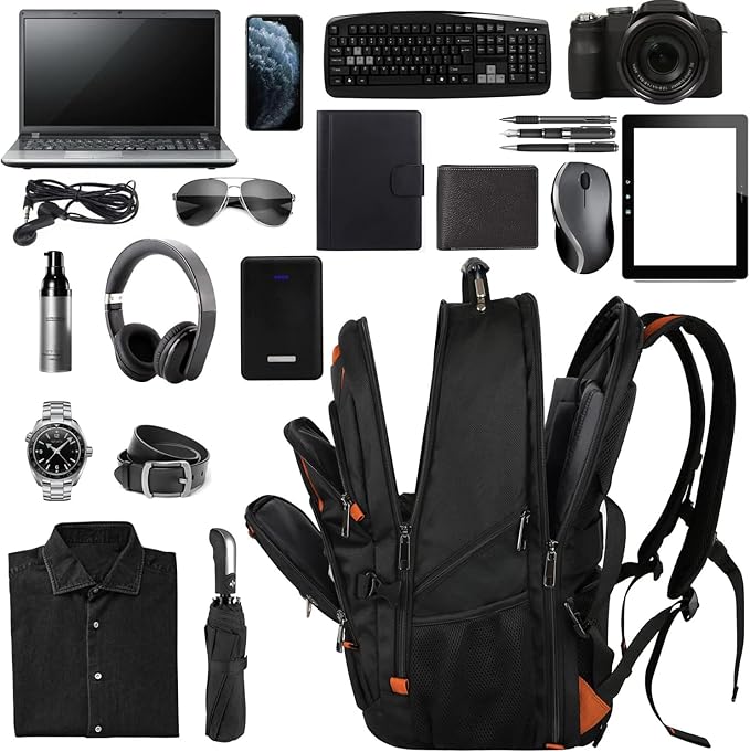 18.4 Laptop Backpack Women Men, 55L-60L Flight Approved Extra Large Travel Backpack RFID Anti Theft and TSA Friendly Backpack, Water Resistant College School Heavy Duty, Orange