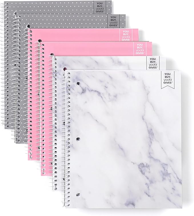 Yoobi College Ruled Spiral Notebook Set – 6-Pack of 2 Subject Notebooks, Pink, Gray & Marble Designs for Kids & Tweens – 150 Perforated 3-Hole Punched Sheets Each – 10.5” x 8”