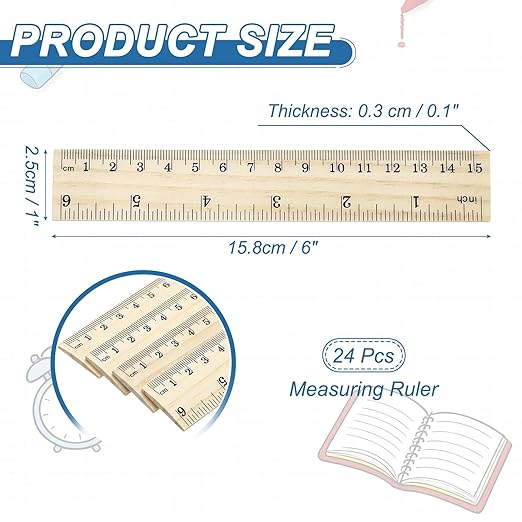 PATIKIL 6 Inch Wooden Rulers, 24Pcs Drafting Ruler Measuring Drafting Tools with Centimeters and Inches for Office Home Teacher Drawing Supplies, Wood