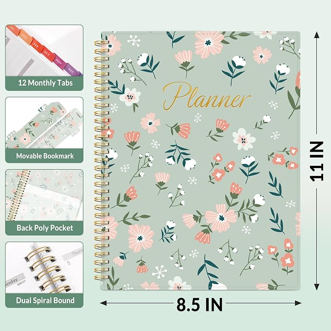 SUNEE Academic Planner 2026-2027 – Weekly & Monthly Planner, July 2026 to June 2027, 8.5"x11", Thick Paper, Tabs, Pockets, Bookmark, Spiral-Bound, Student Teacher Organizer, Green Wildflowers