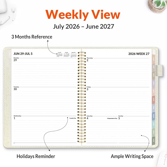SUNEE 2026-2027 Weekly & Monthly Planner 9"x11.2" - 12 Month (July 2026 - June 2027), Vegan Leather Cover Planner Academic Year Calendar, Pocket, Notes, Monthly Tab, Beige