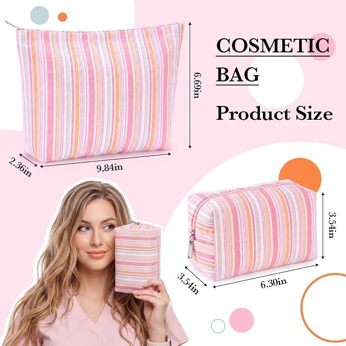 Huhumy 2 Pcs Striped Makeup Bag, Travel Toiletry Bag for Women, Aesthetic Cute Colorful Cosmetic Pouch, Seersucker Storage Organizer for Accessories, Essentials, Toiletries(Pink Orange Green)