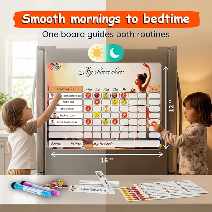 Mimi Doodle Magnetic Chore Chart for Kids – 16x12 Dry Erase Daily Responsibility Board for Fridge with 39 Chore tabs, 100 Reward Stickers – Behavior Chart for Kids at Home – Ballerina Theme