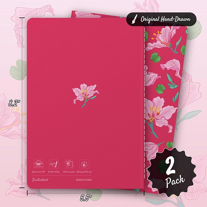 Stitched Composition Notebooks 2-Pack with Unique Art Designed Cover, A5 Lined Diary (8.2"L*5.5"W), Lay Flat Design, Thicked Paper Writes Smoothly for School and Office (Bauhinia)