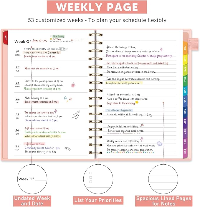 EMSHOI Undated Planner, Weekly and Monthly Calendar, 53 Weeks and 12 Months, A5 (6.38" x 8.35"), 100GSM Thick Paper, PVC Cover, Monthly Tabs, Note Pages, Start Anytime