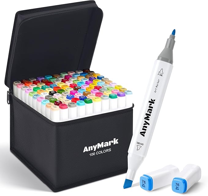 AnyMark Alcohol Markers, 100 Colors Dual Tip Art Coloring Markers Set for Adult Book Drawing Sketching Painting, Chisel & Fine, White Penholder