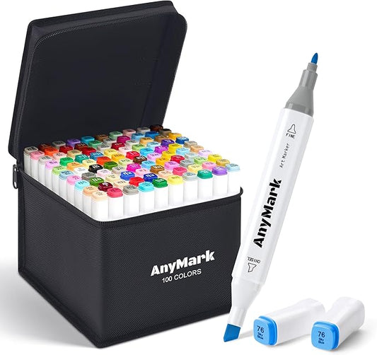 AnyMark Alcohol Markers, 100 Colors Dual Tip Art Coloring Markers Set for Adult Book Drawing Sketching Painting, Chisel & Fine, White Penholder