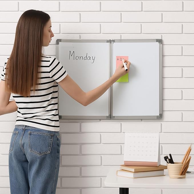 AmazingSpark 48” x 18” Foldable Whiteboard Dry Erase Board Large Tri Folding Whiteboard Magnetic Dry Erase Board, Wall Aluminium Frame and Flip Out Pen Tray for Office, Home