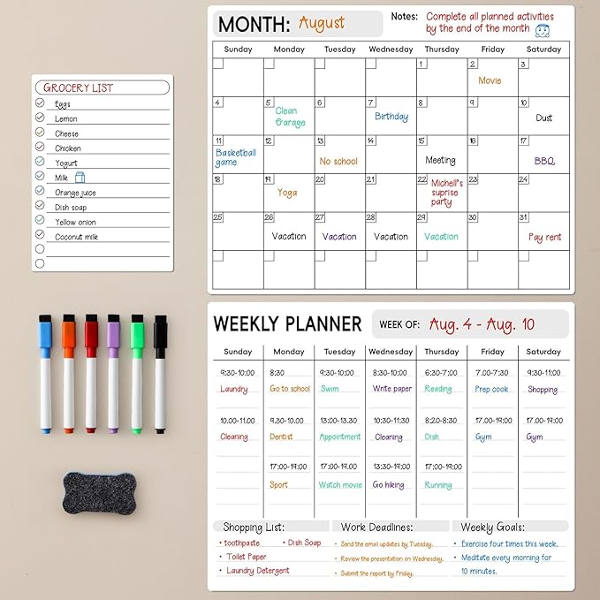 LANDNEOO Magnetic Dry Erase Calendar for Refrigerator, 3 Pack-Monthly, Weekly, Daily Magnet Fridge Whiteboard Planner for Chore Chart, Menu, To Do List, 14"X11", w/ 6 Markers, Style 2
