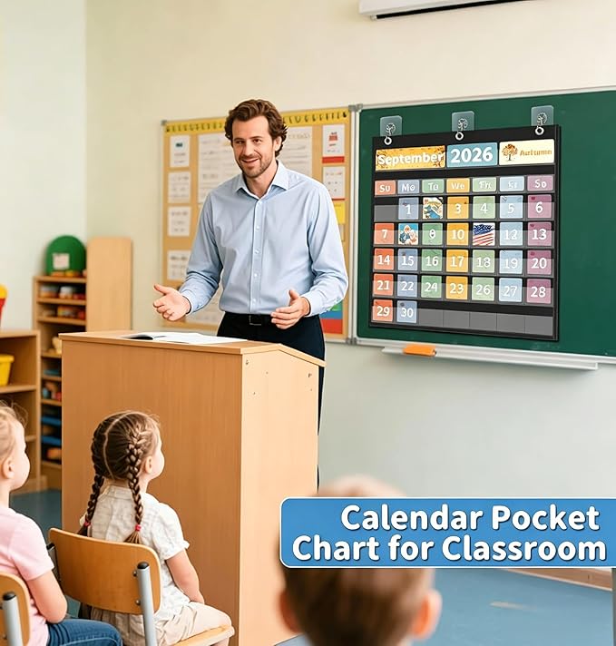 Yoink 45 Pockets Classroom Calendar Pocket Chart for Kids Learning - Monthly Calendar with Durable Fabric, Homeschool and Teacher Supplies, Preschool Kindergarten Wall Decor, Only Chart (Black)