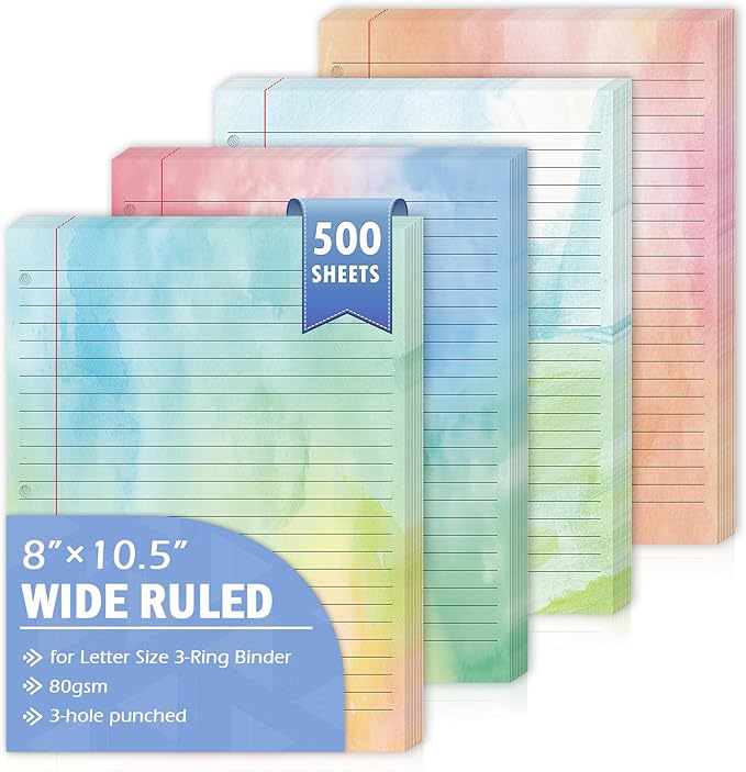500 Sheets 8" × 10.5" Colored Wide Ruled Filler Paper for Letter Size 3-Ring Binder 11/32" Spacing Colored Loose Leaf Paper Wide Ruled Paper Refills 3-Hole Punched Watercolor 80GSM for School Office