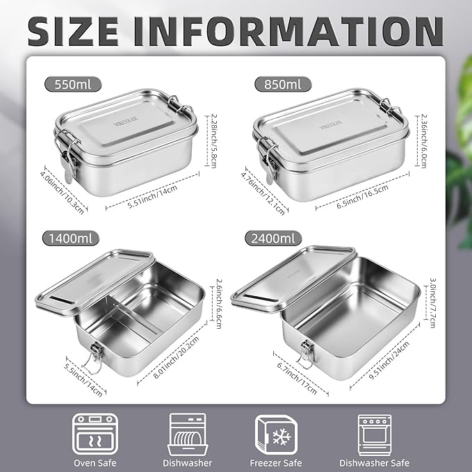 4 PCS Stainless Steel Bento Box 4-Size, Metal Lunch Box, Food Containers, Lunch Container for Home, Work, Camping (550ml+850ml+1400ml+2400ml)