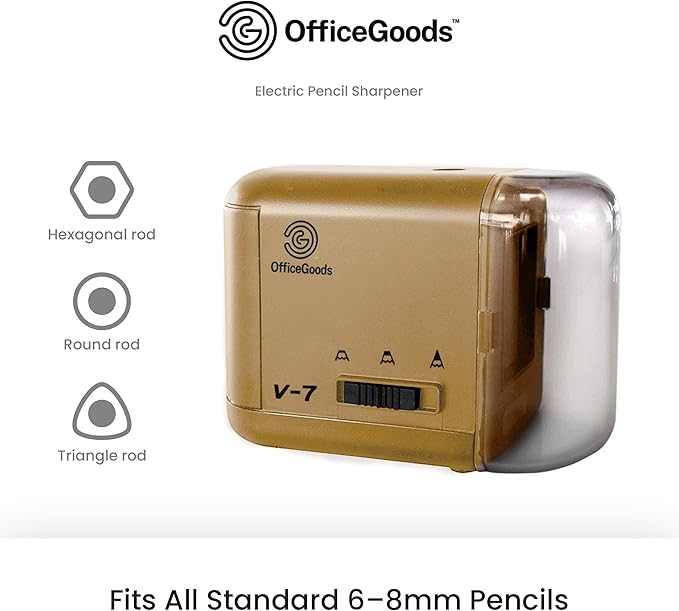 OfficeGoods Electric Pencil Sharpener - Battery or Cord Powered Portable Sharpener - Perfectly Sharpens Colored Pencils, Drafting Pencils for Kids, Adults, Office, School and Home - Gold