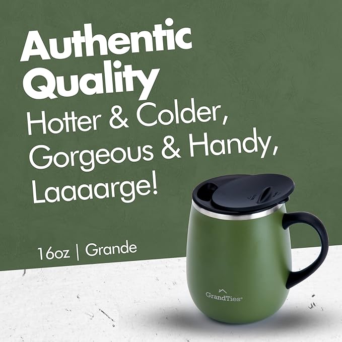 GRANDTIES Insulated Coffee Mug with Handle - Sliding Lid for Splash-Proof 16oz Wine-Glass Shape Thermal Tumbler with Double Walled Vacuum Stainless Steel to Keeps Beverages Hot or Cold-Olive Green
