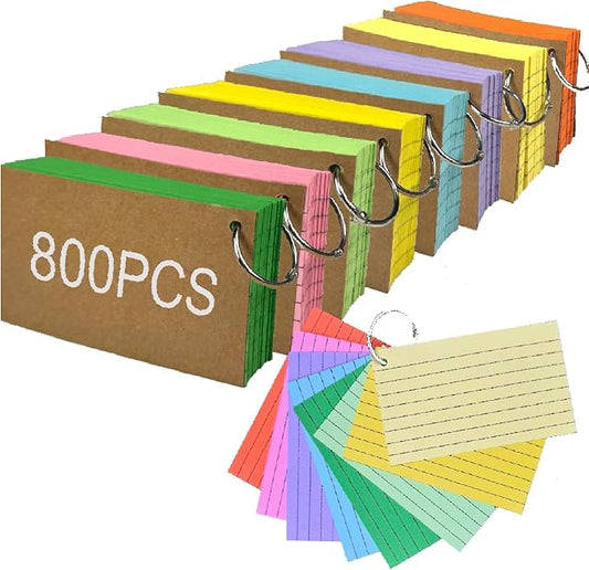 Index Cards 3x5 Inch, 800PCS Flash Cards with Rings 8 Colors Ruled Index Cards, Assorted Lined Colored Flashcards, Thin Note Cards Paper, Study Card Memo Scratch Pad for Home Office School