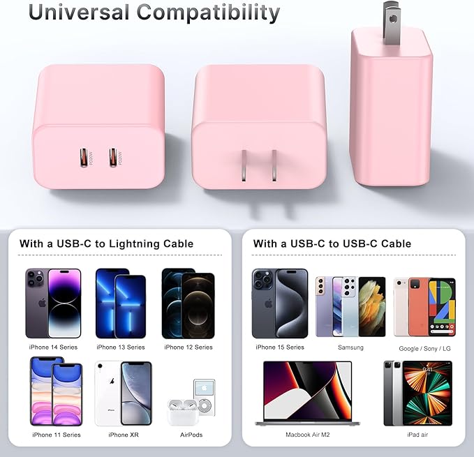 Susnwere 40W Dual USB C Charger Block,2-Port Fast USB-C Power Adapter Wall Charger Plug Type C Charging Block for Laptop Computer & Tablets/Phones iPhone 15/14/13/12/11/X, iPad,Samsung,Google 2 Pack