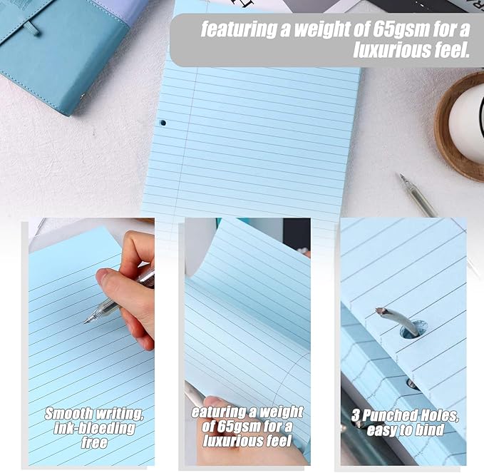HIBOX Loose Leaf Paper Wide Ruled Notebook Paper, 100 Sheets 8"x10.5" Filler Papers Blue, 3-Hole Punched Binder for Back to School & College Supplies, Fights Ink Bleed, Office Planners