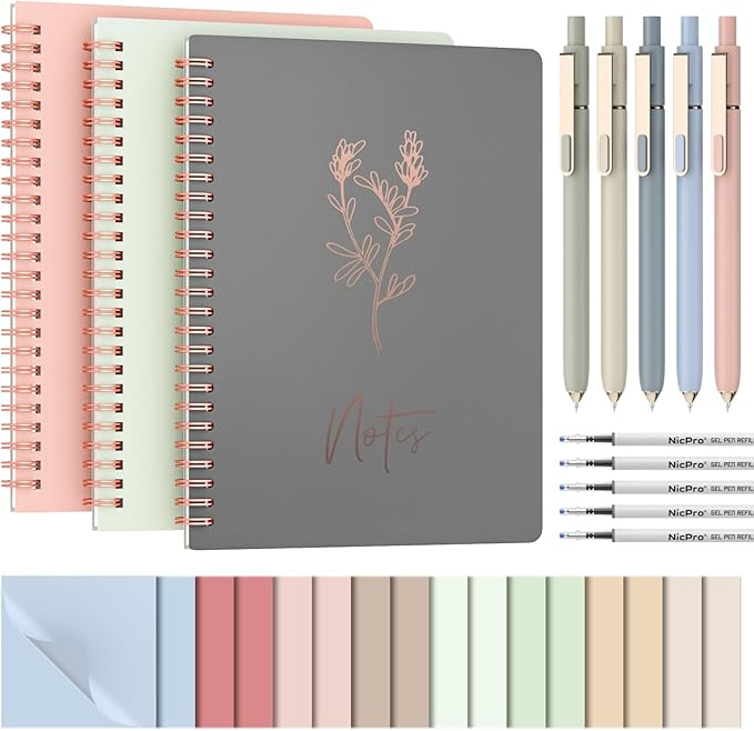 Nicpro Cute Spiral Notebook Stationary Set For Women, Bible Journal Set, 3PCS A5 Spiral Notebook, 5 Gel Pens, 5 Refills, 800 Sticky Notes, Gift Box, Aesthetic Gift Set for Study Office School Supplies