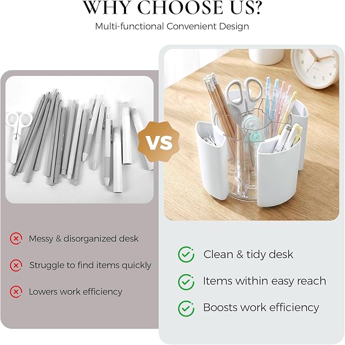 KONVINIT White Pen Holder for Desk, 5 Slots 360° Rotating Pen Organizer, Cute Desk Organizers and Accessories for School, Home, Office and Art Supply
