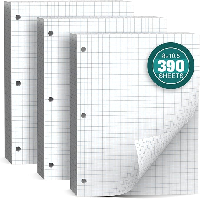 390 Sheets Quad Ruled Graph Paper, 3 Hole Punch Paper 8 x 10.5 White, Loose Leaf Graph Paper,Filler Paper 4 x 4 Graph Rule, Notebook Paper for 3 Ring Binder, Engineering Paper for School Home Business
