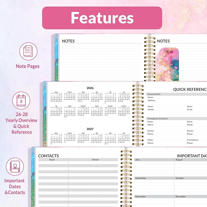 SUNEE 2026 Weekly and Monthly Planner - from January 2026 - December 2026, Daily Agenda Planner with Monthly Tab, Flexible Cover, Note Pages, Pockets, Bookmark, Spiral Binding, Pink Marble, 8.5"x11"