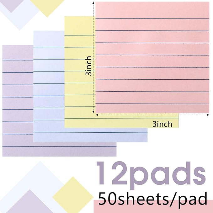 AmazingSpark 12 Pack Pastel Lined Sticky Notes 3x3 Inch Post Ruled Stickies Super Self Stick Power Memo Pads Multi Colors Notes Pads Vintage Aesthetic School Office Supplies Accessories