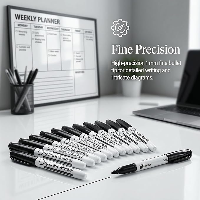 Volcanics Black Dry Erase Markers Low Odor Fine Whiteboard Markers Thin Box of 12