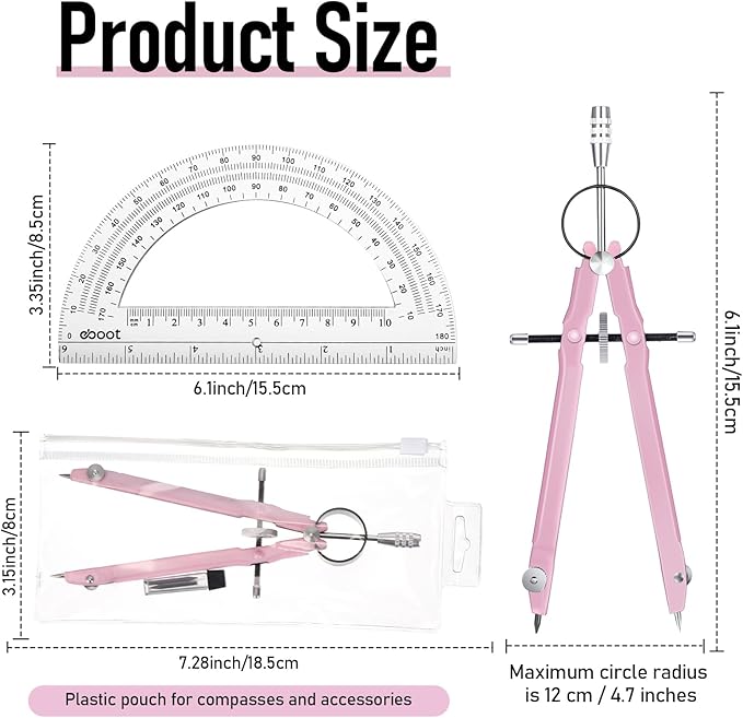 EBOOT Student Geometry Math Set, Metal Drawing Compass and 6 Inch Clear Swing Arm Protractors 180 Degree Math Protractor(Pink)