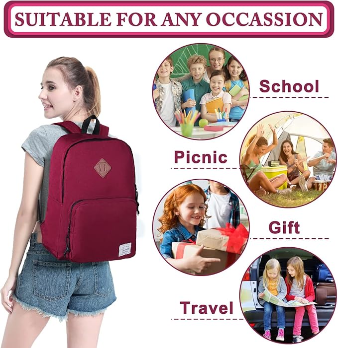 VASCHY School Backpack, Ultra Lightweight Backpack for Women Bookbag for Kids Teen Boys Girls Burgundy