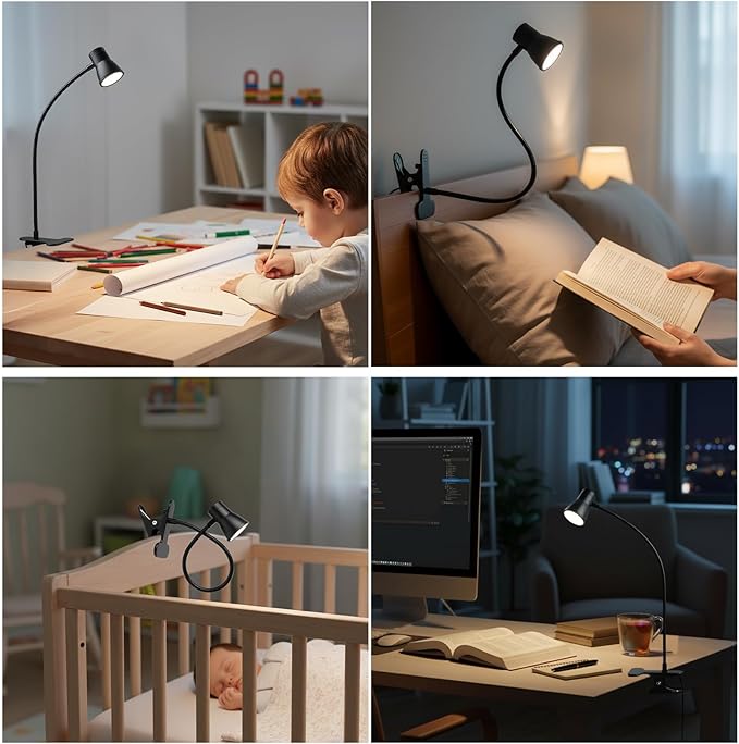 Eye-Caring Clip On Desk Lamp, 3 Color Modes & 10 Brightness LED Reading Light with Clamp, 360° Rotatable Gooseneck Reading Light, Portable Clamp Lamp for Bedroom, Office and Study (Black-Small)