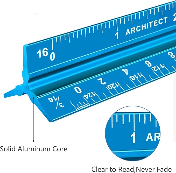 Architectural Scale Ruler, Imperial Measurements 12'', Laser-Etched Aluminum Architect Triangular Ruler for Architects, Students, Draftsman, and Engineers(Blue)
