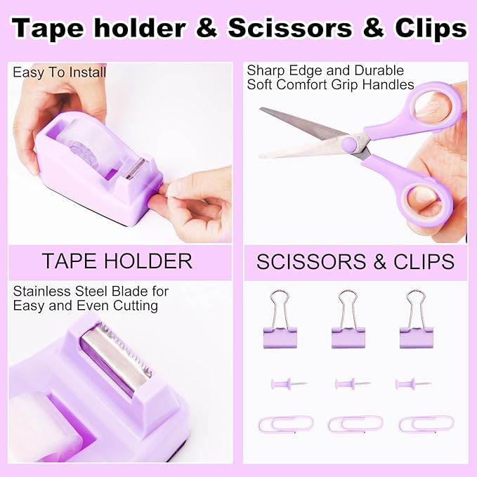 Gawsey Desk Organizers and Accessories Set with 360-Degree Rotating Pen Holder, Tape Dispenser, Stapler, Staple Remover, 1000 Staples, Tape, Clips Set, Ruler, Scissor, Pen (Purple)