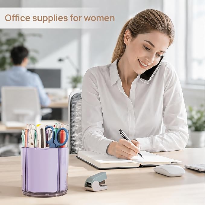 360° Rotating Pen Holder for Desk Adjustable Pencil Organizer, Purple | Plastic Pen Cup for Women Cute Office Supplies and Accessories Desktop Storage Box Art Caddy for School, Work, Home