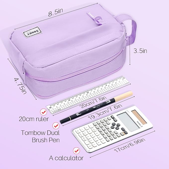 Sooez Original High Capacity Pencil Case, Big Pencil Bag Pouch Box Organizer Pen Case, Aesthetic Supply for Girls Adults, Portable Journaling Supplies with Easy Grip Handle & Loop, Purple