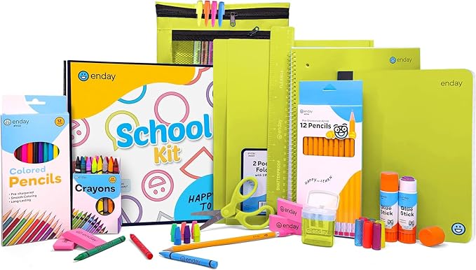 Enday Back to School Supplies for Kids, Green School Supply Box Grades K-5, Premium Quality Kids School Supplies Kit, Kindergarten School Supplies for Girls and Boys, 78 Piece Set