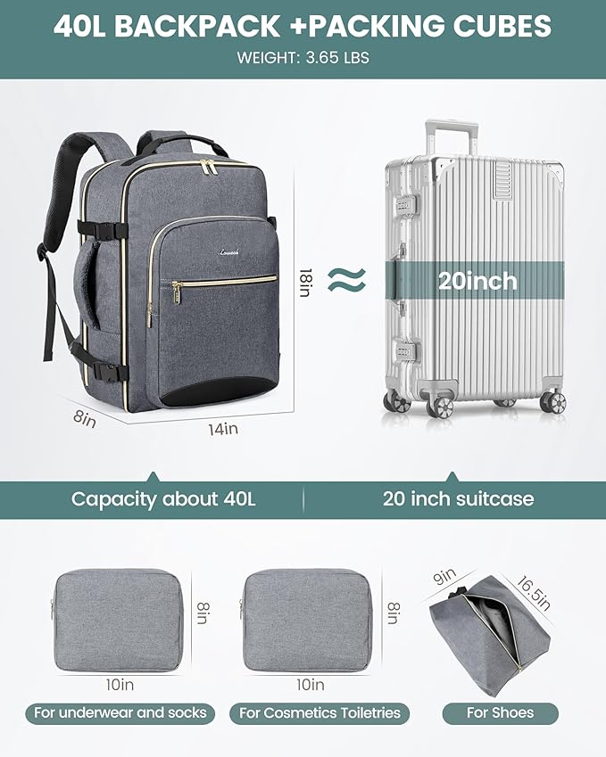 LOVEVOOK 40L Travel Backpack Flight Approved Carry on Backpack,3 Packing Cubes,Waterproof Personal Item Travel Bag,TSA Carry on Luggage Suitcase Travel Essentials,Gifts for Women & Men,fits 17" Laptop