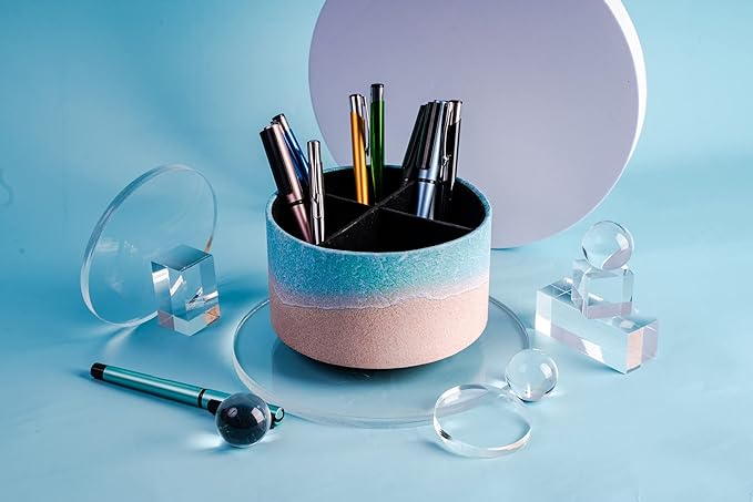 Round Leather Art Supply Organizer,Remote Control Holder,360 Degree Rotating,Multi-Functional Pencil Holder,4 Compartments Desktop Stationary Organizer(1-Sandbeach)