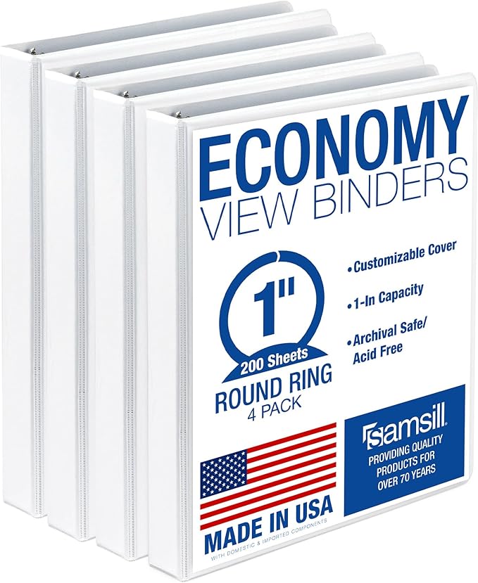Samsill 1 Inch 3 Ring Binders, Economy Round Ring, Clear View Cover, 200 Sheet Capacity - for School, Home, Office - White, 4 Pack