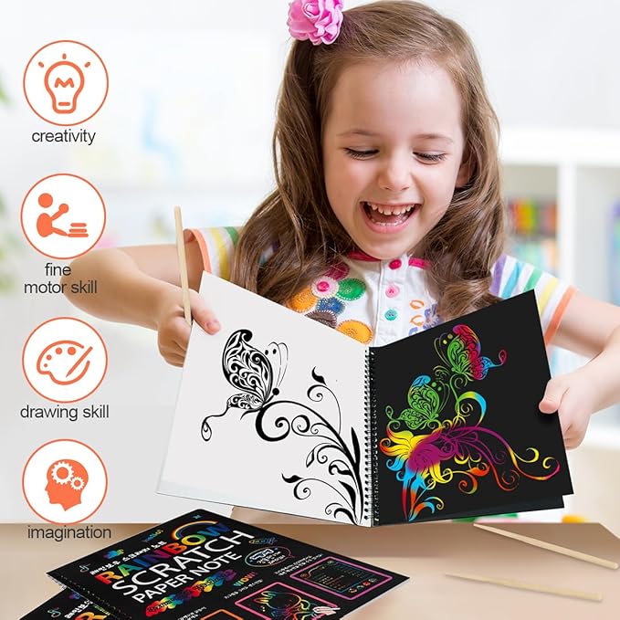 Mocoosy 3 Pack Rainbow Scratch Art Paper Notebooks, Spiral Bound Magic Scratch Pads for Kids Arts Crafts Supplies, Black Sketch Note Coloring Activity Book Travel Games Gifts for Girls Boys