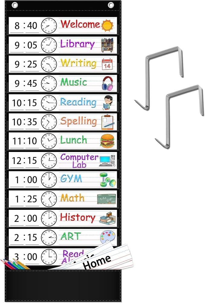 AKAYOK Daily Schedule Pocket Chart — 13+1 Pocket Visual Schedule for Kids, Includes 18 Double-Sided Blank Reusable Dry-Erase Cards, Daily Planner with Hourly Schedule for Classroom, Office, Home, School Activities (Black)