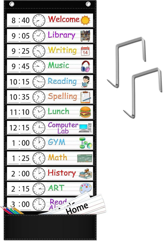 AKAYOK Daily Schedule Pocket Chart — 13+1 Pocket Visual Schedule for Kids, Includes 18 Double-Sided Blank Reusable Dry-Erase Cards, Daily Planner with Hourly Schedule for Classroom, Office, Home, School Activities (Black)