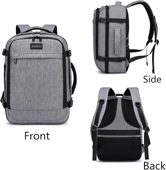 Asenlin Travel Backpack for Women Men,Flight Approved Carry On Luggage 40L Water Resistant Business Laptop Backpacks Fits TSA 17.3 Inch Computer College Weekender Outdoor Hiking-Grey