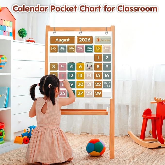 45 Pockets Classroom Calendar for Kids Learning, Pocket Chart Calendar Decor with Special Educational Cards, Teacher and Classroom Must Have Supplies, Boho