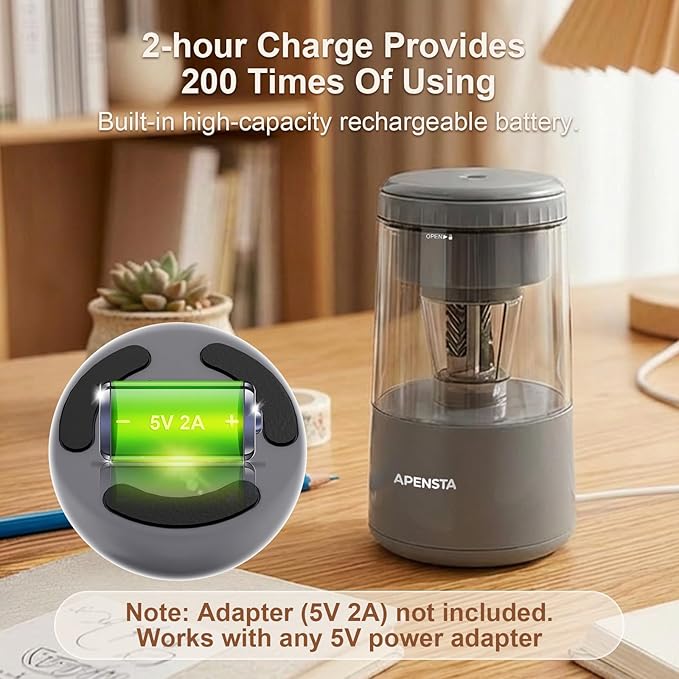 Electric Pencil Sharpener with Adjustable Tip Thickness, Auto Stop, Type-C Rechargeable, for Wooden, Colored Pencils (7–8mm), Portable Design for Home, Office & School, Gray
