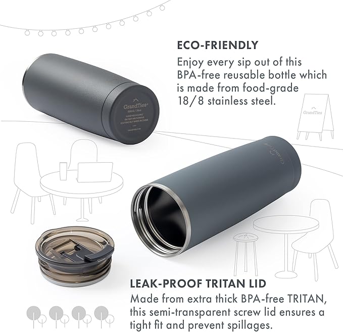 GRANDTIES Insulated Coffee Tumbler Cup w/Tritan Lid | Leak Proof, Reusable, Double Walled Vacuum Stainless Steel Water Bottle Travel Mug | Thermal Cups for Hot and Cold Drinks | 20oz | Stone Gray