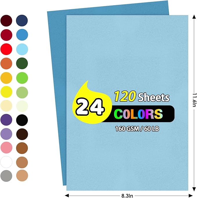 Colored Cardstock Paper 120 Sheets, 160 Gsm 60 Lb Card Stock 24 Colors Assorted, Colored Construction Paper Thick for Printing Cutting DIY A4 1 pack