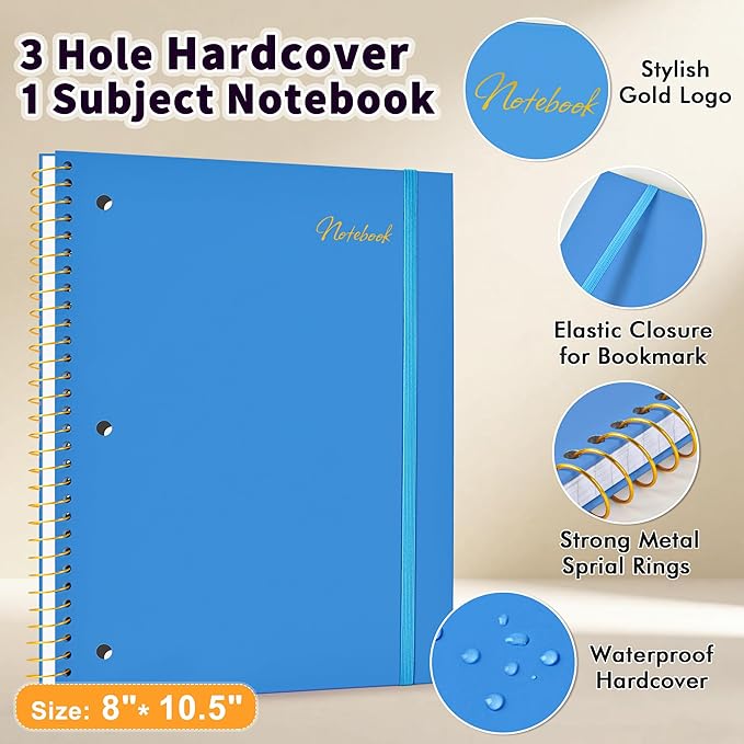 Spiral Notebook College Ruled Paper 8" x 10-1/2", 1 Subject Spiral Notebook 80GSM Paper, 3-Hole Punched Perforated Pages Ideal for School, Office, Writing, 75 Sheets Lined Journaling Notebook, Blue