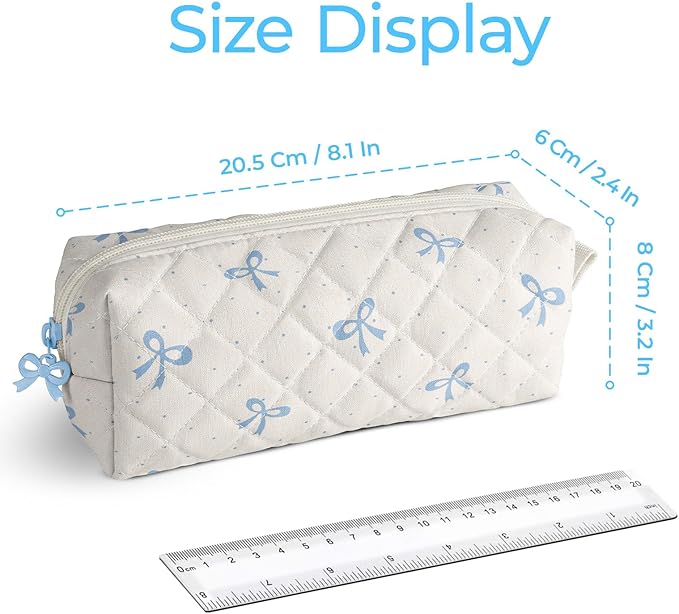 Cute Quilted Pencil Case for Girls Women, Aesthetic Small Floral Pencil Pouch,Slim Soft Pencil Bag for School Supplies Makeup Pouch for School & Daily Use (Blue Mini Bow)