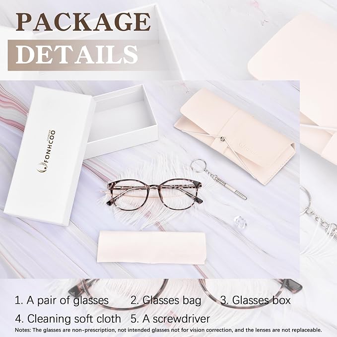 FONHCOO Stylish Blue Light Glasses Women Men Eyeglasses, TR90 Fashion Round Transparent Eye Glasses (Tortoise)