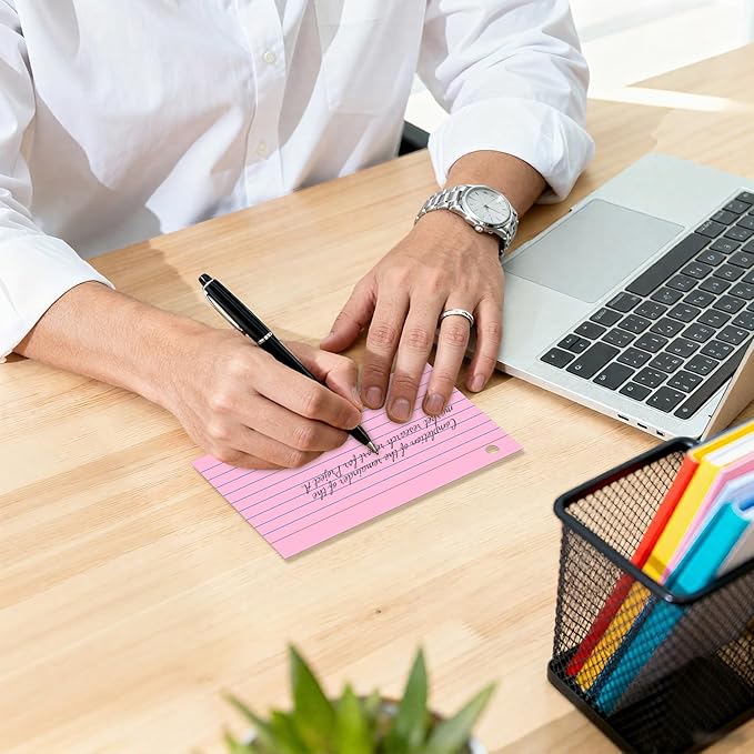 250 Count Colored 3 x 5 Inch Index Cards with Ring, Ruled Flash Cards for Office Use, Portable Note Cards for Study, Thick Flashcards for Home and School